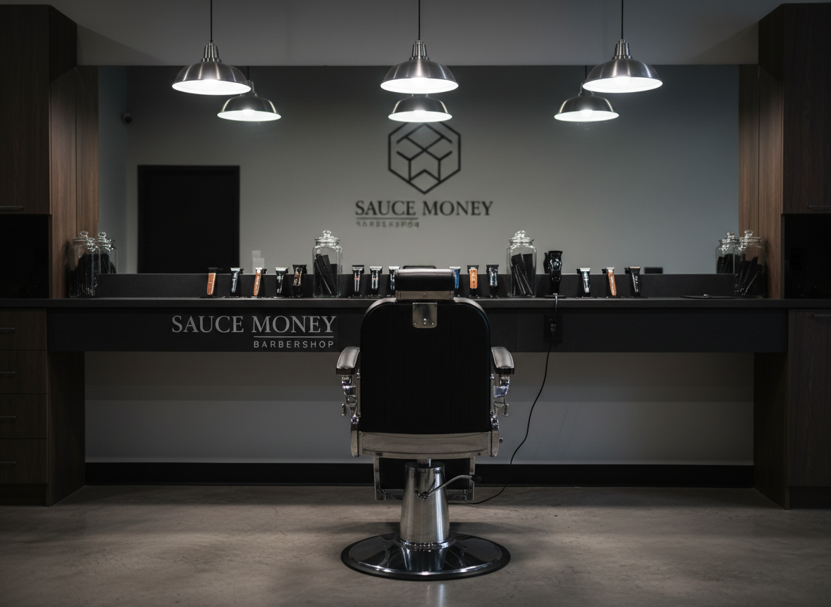 A sleek black barber chair with quilted leather upholstery and chrome armrests stands centered in a minimalist barbershop station branded as “Sauce Money Barbershop.” The chair faces a long, matte-black counter topped with neatly arranged clippers, glistening straight razors, and glass jars of combs, all reflected in a large frameless mirror. Overhead, industrial pendant lights cast a bold, focused glow, creating crisp highlights on the metal and deep shadows along the floor. The background fades into soft blur, hinting at clean cabinetry and subtle branding on the wall. Photographic realism, eye-level composition, and a slightly shallow depth of field create a sharp, modern, confident atmosphere that feels premium and style-driven.