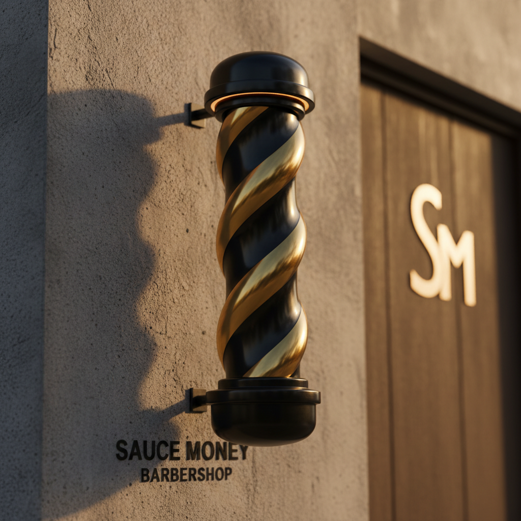 An artistic, photographic close-up of a matte-black barber pole reinterpretation mounted on a textured concrete wall outside Sauce Money Barbershop. Instead of traditional colors, the pole features twisting metallic black and deep gold stripes, with a glossy finish catching the late-afternoon golden hour light. The glow from a concealed LED ring at the top creates a subtle halo along the pole’s edges, while soft shadows stretch across the wall. In the blurred background, a minimalist door with subtle branding hints at the entrance. Captured from a low-angle perspective with shallow depth of field, the image feels bold, urban, and iconic, signaling a modern, elevated take on classic barbershop culture.