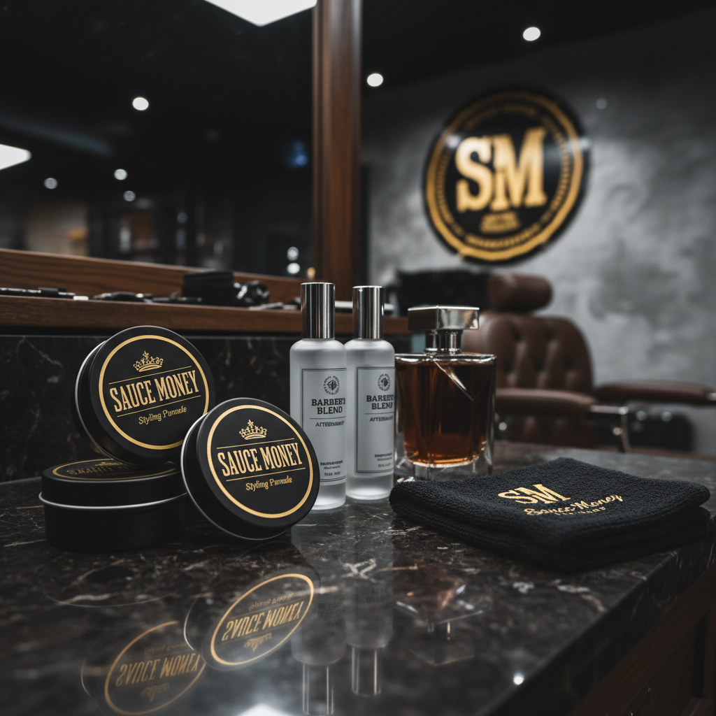 A close, detailed photographic shot of a dark marble countertop at Sauce Money Barbershop showcasing premium grooming products arranged with precision. Matte-black pomade tins with gold lettering, sleek glass bottles of aftershave, and a heavy cologne bottle with faceted edges stand in an intentional cluster. A soft, folded black towel with subtle embroidered branding lies beside them. Overhead spotlights cast crisp, controlled highlights on the glass and metal surfaces, with deep, contrasting shadows that emphasize luxury. The background is tastefully blurred, hinting at the edge of a barber station and part of the shop’s bold logo on the wall. Shot from a low, three-quarter angle, the composition feels powerful, curated, and distinctly high-end.