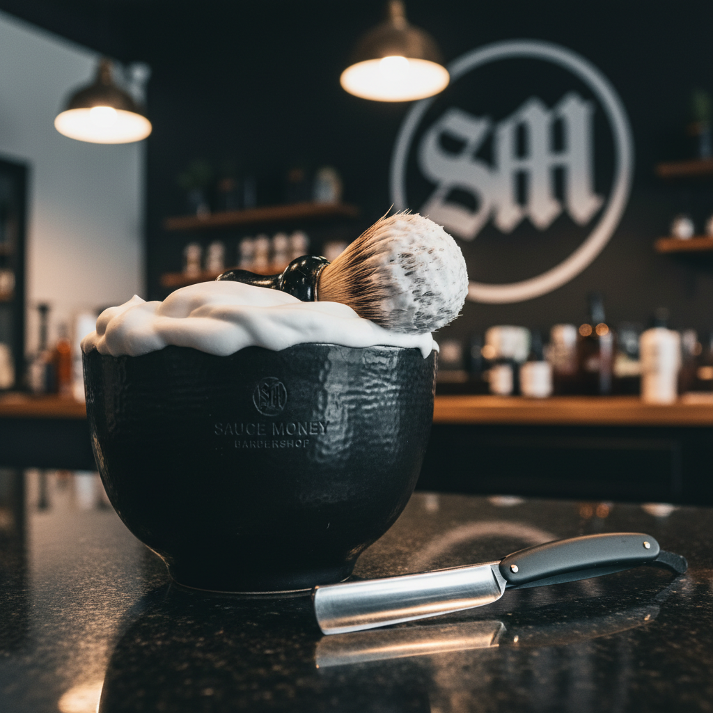 An ultra-clean, photographic close-up of a frothy, rich lather of shaving cream swirled in a heavy black ceramic shaving bowl, with a dense badger-hair brush resting on the rim, its bristles glistening with foam. The bowl sits on a dark, glossy countertop at Sauce Money Barbershop, beside a carefully placed straight razor with a matte-black handle and polished silver blade. Warm, targeted pendant lighting from above creates dramatic highlights on the razor edge and subtle reflections in the counter. The background shows a softly blurred hint of product shelves and a bold, monochrome logo. Shot at a low, intimate angle with shallow depth of field, the scene feels luxurious, precise, and confidently masculine.