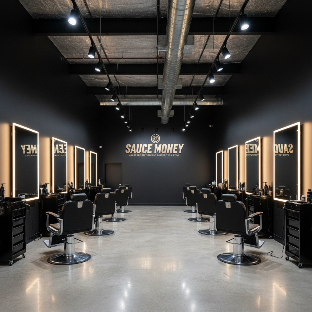 A wide, photographic interior shot of Sauce Money Barbershop, showcasing a row of identical black barber stations without any people. Each station features a bold, rectangular mirror framed in matte black, underlit with subtle LED strips that cast a futuristic glow on the polished concrete floor. Matching black chairs with chrome bases are aligned perfectly, with neatly organized tool trays and product displays at each station. The ceiling features exposed ducts and modern track lighting, adding an urban, industrial edge. The central wall displays a large, metallic “Sauce Money” logo with the tagline “Where the Best Barbers Elevate Your Style.” Captured at eye level with sharp focus throughout, the mood is bold, energetic, and unapologetically modern.