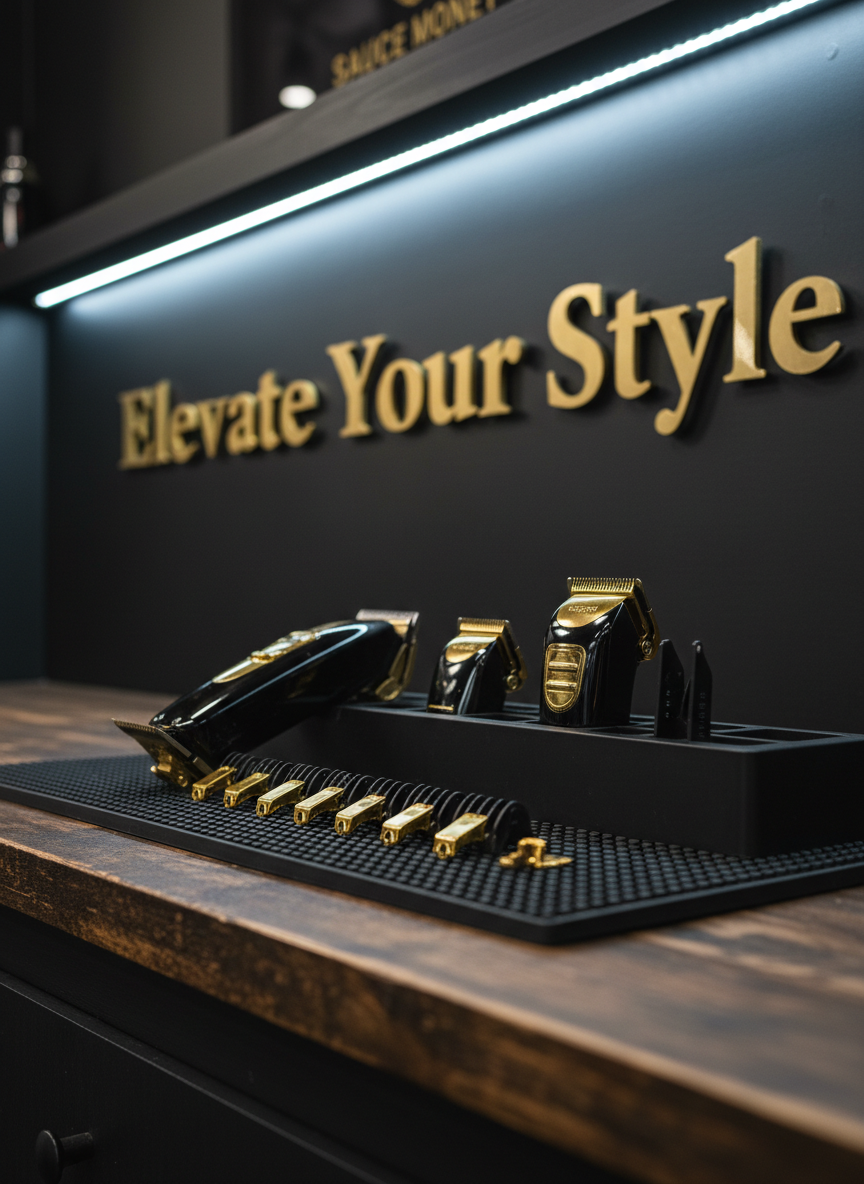 A close-up, photographic view of a polished black-and-gold cordless clipper set laid out on a dark wooden workbench at Sauce Money Barbershop. The clippers, trimmers, and guards are meticulously aligned on a textured black barber mat, each metal blade gleaming under cool white LED strip lighting from above. Reflections dance across the gold accents, while faint shadows fall between the tools, emphasizing their precision. In the softly blurred background, a matte-black wall with bold metallic lettering reading “Elevate Your Style” adds attitude and branding. Captured from a slightly elevated angle with strong detail and shallow depth of field, the mood is bold, professional, and unapologetically high-end.