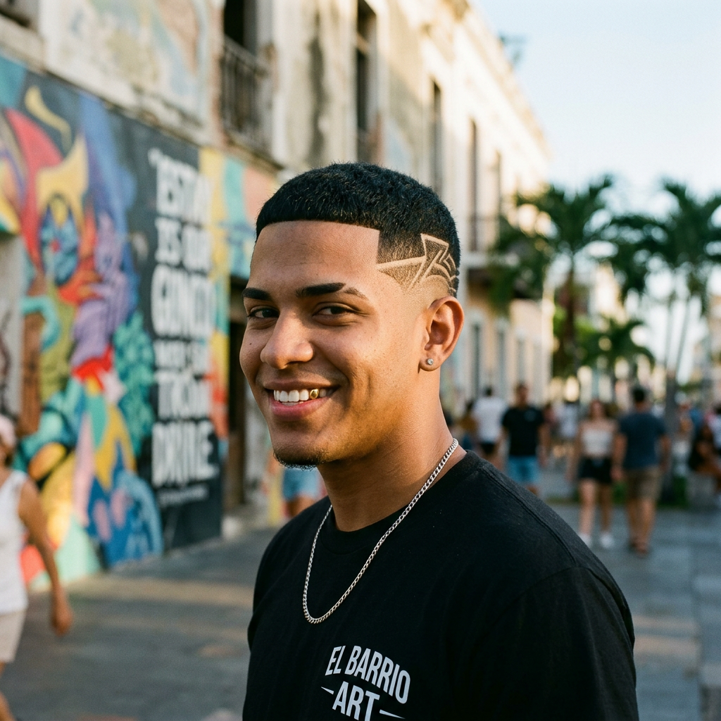 Young man with geometric haircut design smiling outdoors near colorful street art